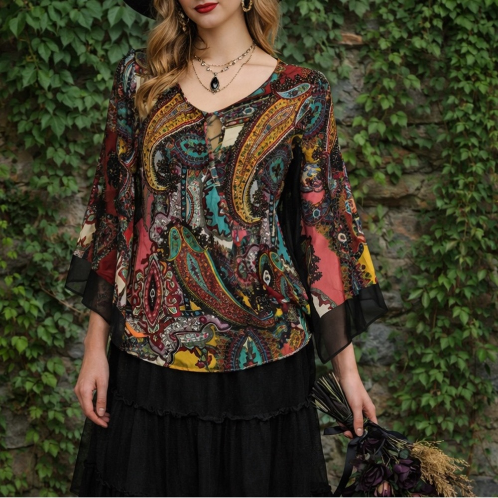 JENNIE & MARLIS Multicolored Faux Wrap Print Butterfly Sleeve Blouse, S